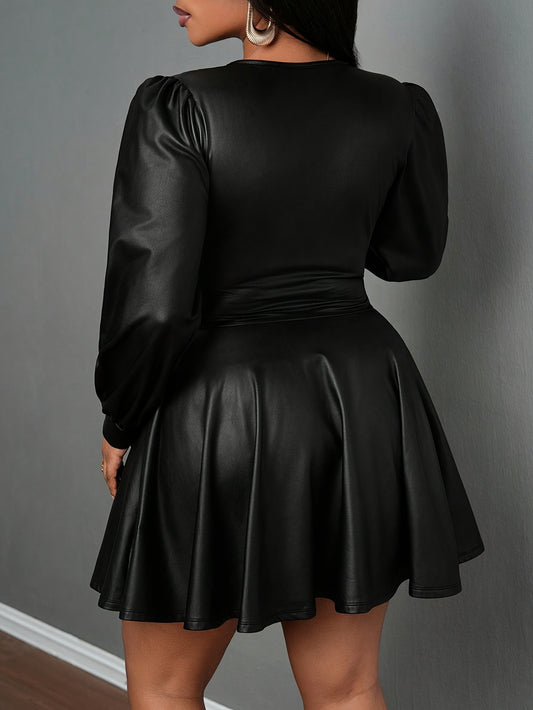 Plus Size - Plus Size Women'S Elegant V-Neck Lantern Sleeve A-Line Skirt - Stretchy Fitted Party Dress with Belt, Long Sleeves & Deep Side Pockets for Casual to Formal Events, Versatile Fashion, Sophisticated Style, Smooth Te