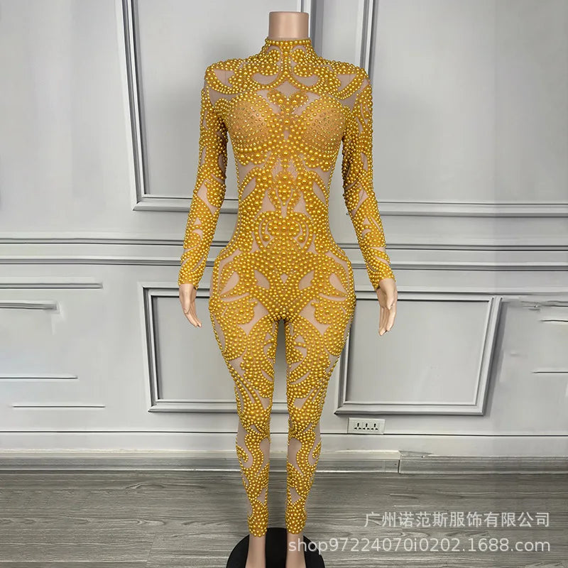 Body Shaping Slim and Sexy Show Jumpsuit Rhinestone Mesh Jumpsuit