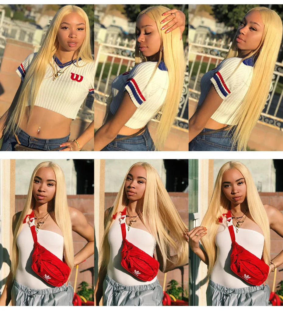 13x6 360 Lace Wig Human Hair Pre Plucked 613 Blonde Colored Lace Front Wigs Bone Straight Ponytail Human Hair Lace Frontal Wig