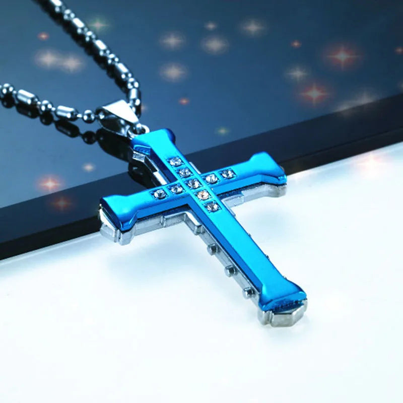 SUMENG 2025 New Male Crystal Cross Jesus Pendant Gold/Black/Blue Color Zirconia Necklace Stainless Steel Jewelry