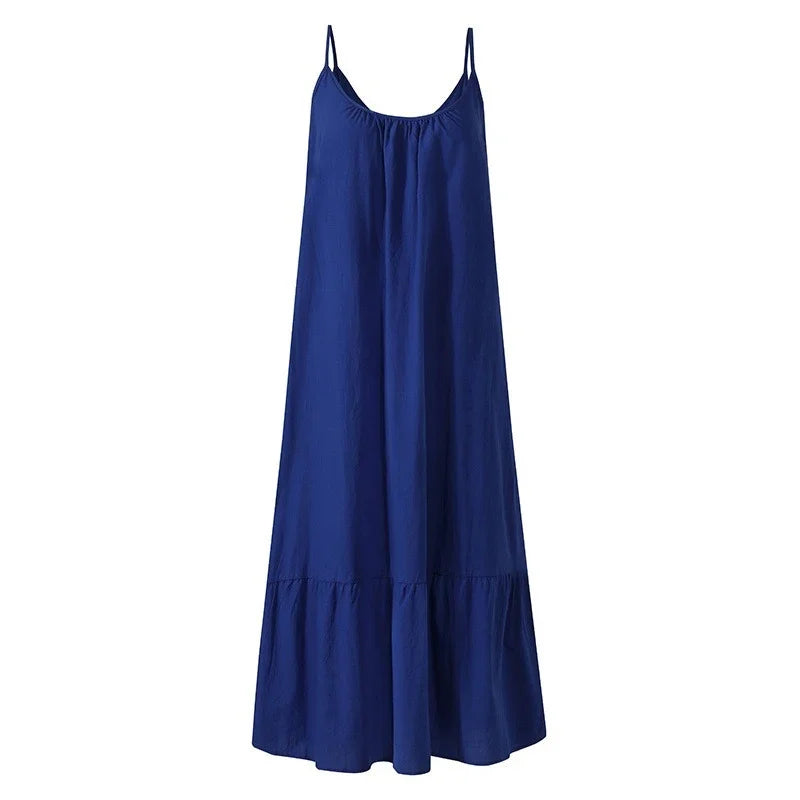 Summer Dress Beach Vacation Wear For Women Casual Sling Solid Color Sleeveless U-neck Loose Ruffles A-line Short Dress