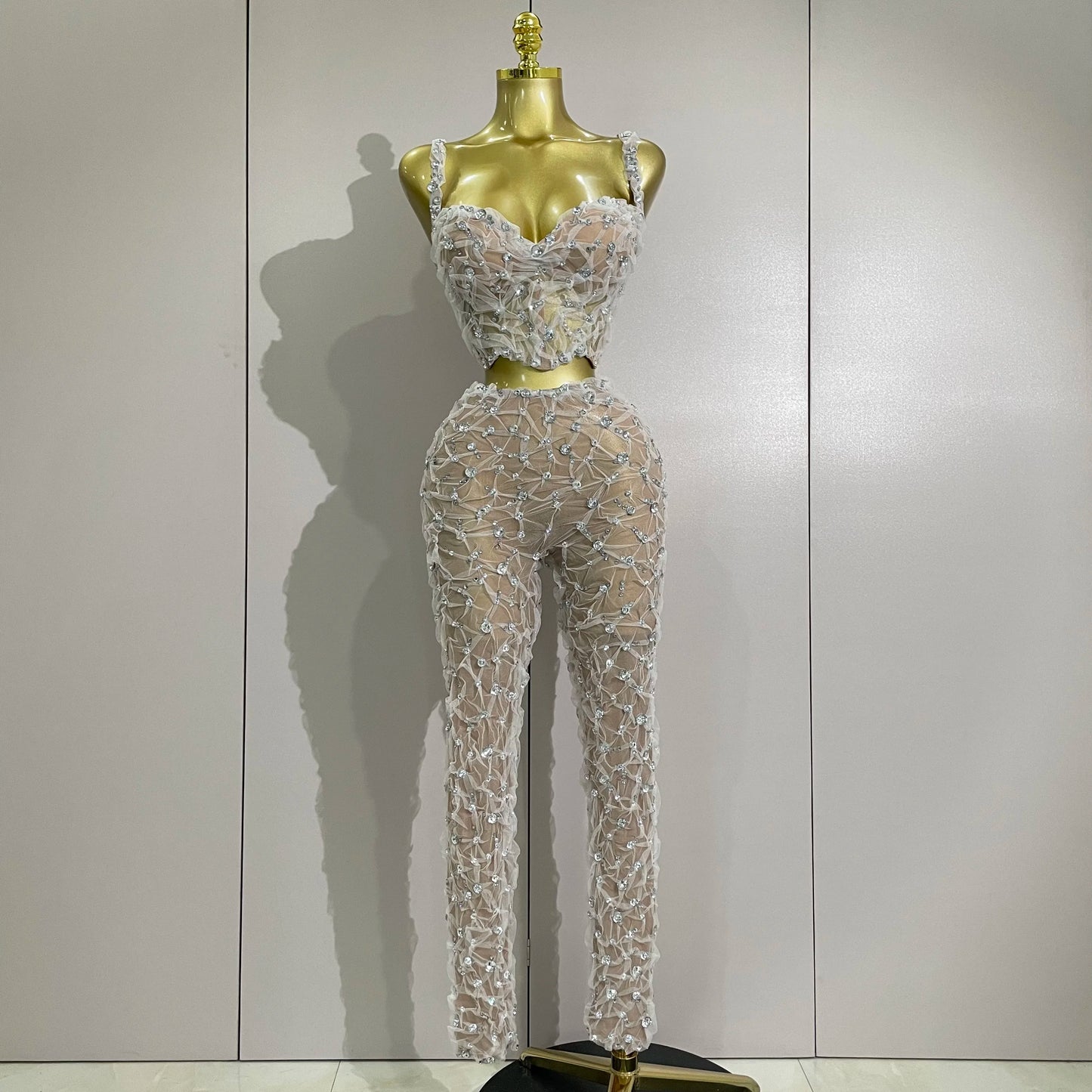 Sexy Sparkly Diamonds Splicing Lace Halter Top+Long Pants Two Piece Set Women Celebrate Birthday Dancer Nightclub Stage Costume