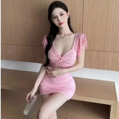 Lace Coquette Short Dresses for Women Sexy Tight Woman Dress Bodycon Mini Corset A Line Elegant Party High Quality Luxury Y2k