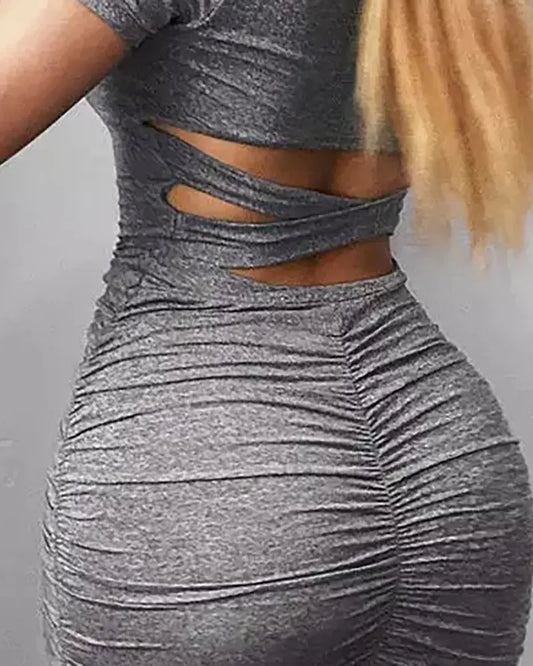 Women Commuting Style Dress 2024 Spring Summer Latest Casual Sexy Scoop Neck Short Sleeve Mini Dress Cutout Ruched Skinny Short