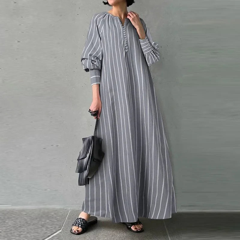 Women's 2024 Cotton Linen Stripe Round Neck Long Sleeve Simple Loose Long Pullover Dress Vintage Elegant Women's Dress Robe