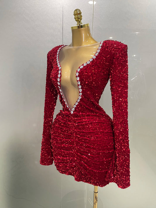 Sexy Shiny Red Sequins Rhinestones Sheath Mini Dress 2025 New Women Evening Birthday Party Nightclub Stage Performance Costume