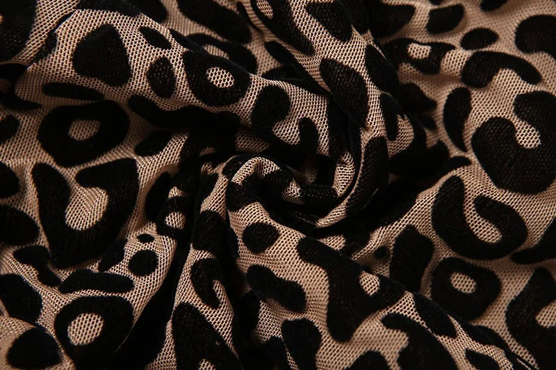 Women Sexy Leopard See Through Mesh Skinny Jumpsuits Turtleneck Long Sleeve Peach Hips Slim Night Party Club Overalls