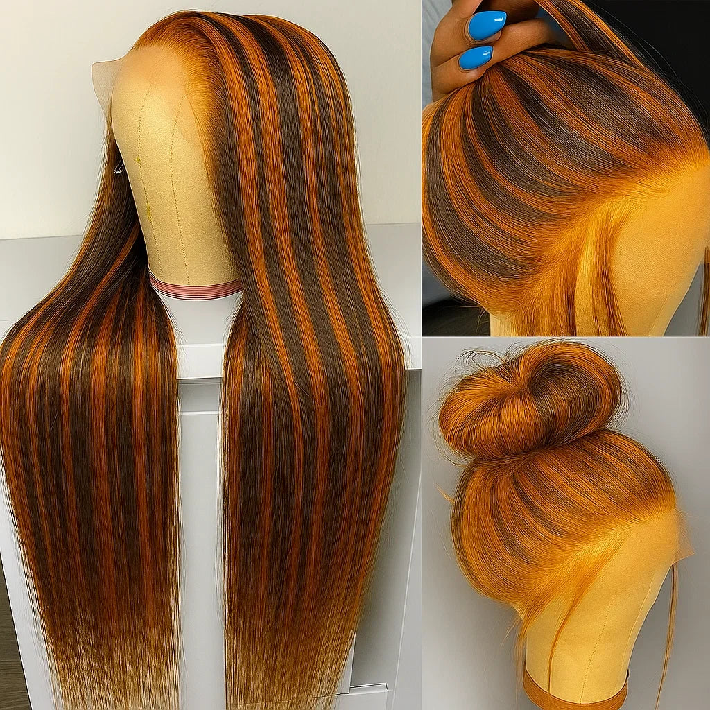 #4/350 Color Brown Mix Ginger Highlight Lace Closure Wig 5x5 Bone Straight Wear Go Glueless Wigs Human Hair Brazilain