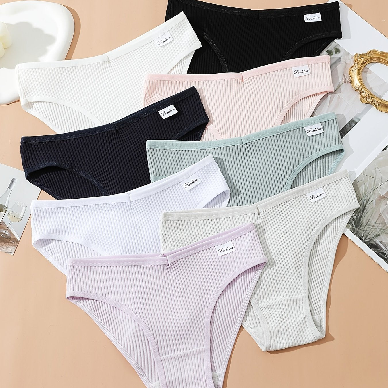 8pcs Seamless Ribbed Bikini, Comfy & Breathable Low Waist Panties, Women's Lingerie & Underwear - Lena & Miles Exquisite Boutique LLC.