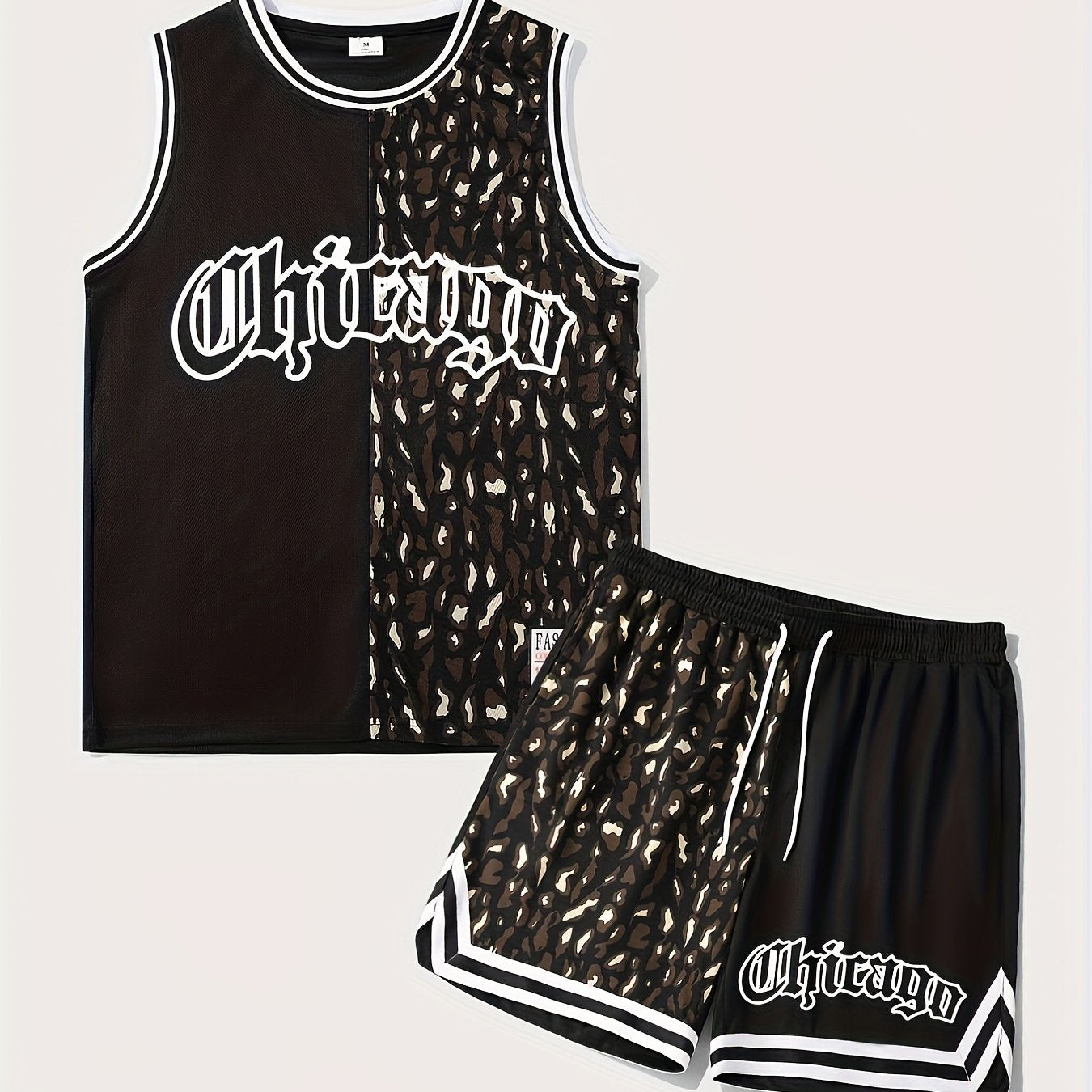 Men's 2 Piece Outfits, Chicago Letter Print, Striped Cuff Casual Graphic Tanktop And Loose Drawstring Shorts Set, Men's Clothing - Lena & Miles Exquisite Boutique LLC.