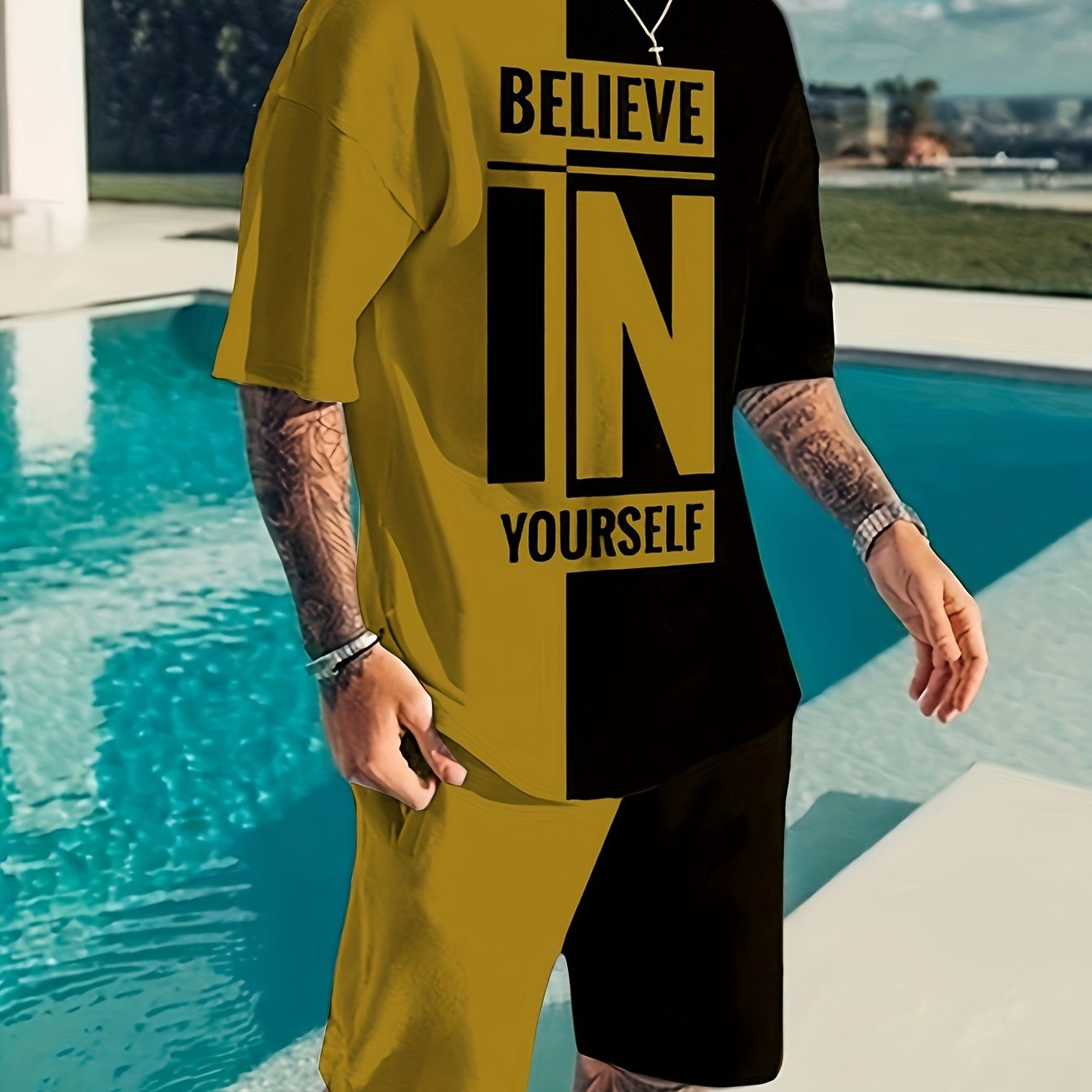 Believe In Yourself Print, Men's 2Pcs Outfits, Casual Crew Neck Short Sleeve T-shirt And Drawstring Shorts Set For Summer, Men's Clothing - Lena & Miles Exquisite Boutique LLC.