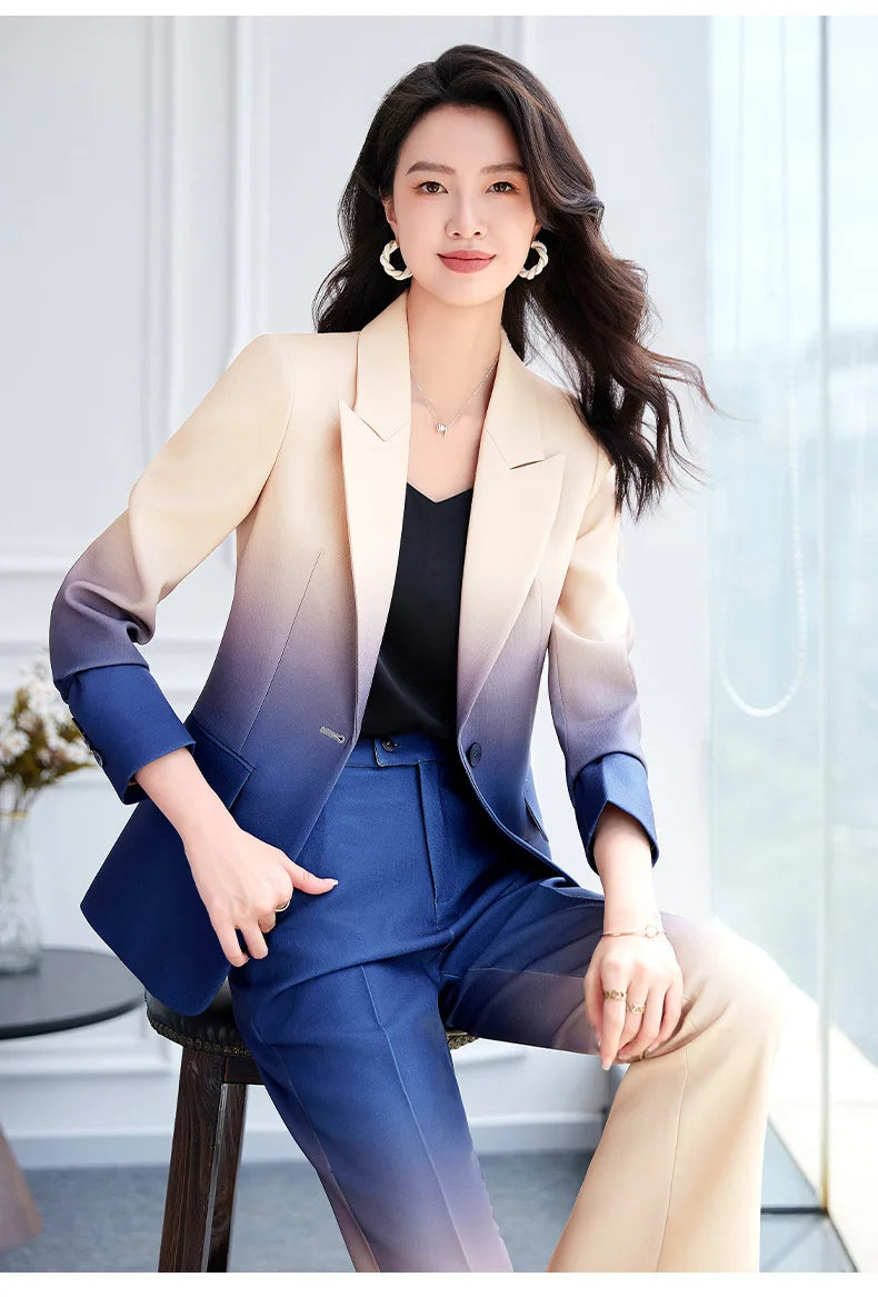 HIGH STREET Newest Fashion 2024 Designer Suit Set Women's Gradient Color Printed Single Button Blazer Flare Pants Suit - Lena & Miles Exquisite Boutique LLC.
