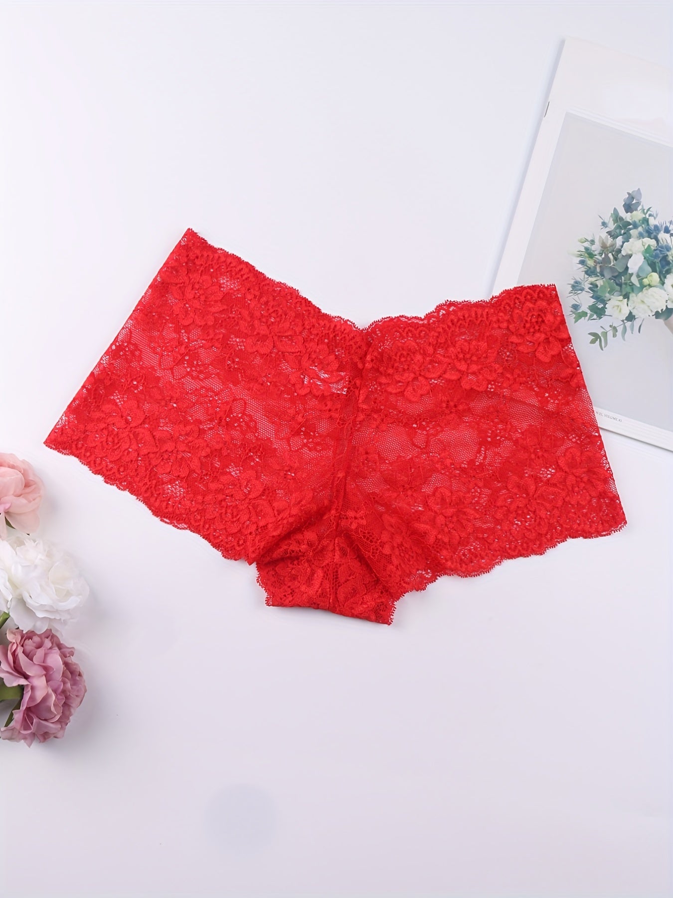 6pcs Floral Lace Boyshort Panties, Soft & Comfortable Scallop Trim Panties, Women's Lingerie & Underwear - Lena & Miles Exquisite Boutique LLC.