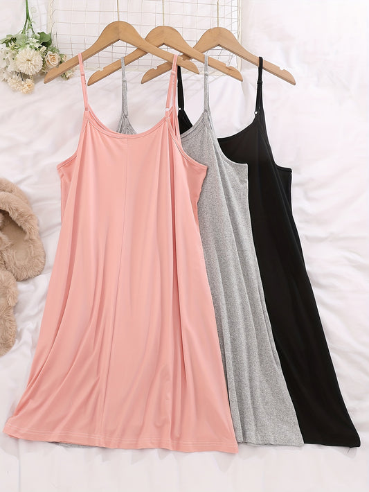 3 Pack Plus Size Cozy Nightdress Set - Women's Solid Plain Round Neck Cami Sleep Dresses with Three Piece Set, Soft Fabric, Comfortable Wear, and Relaxing Sleep Experience