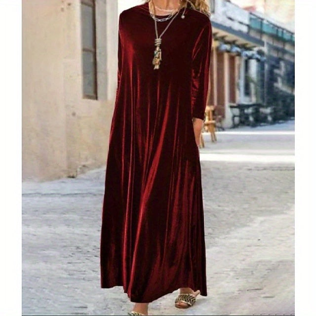 Plus Size Elegant Velvet Dress - Women's Long Sleeve Round Neck Loose Maxi Dresses for Special Occasions