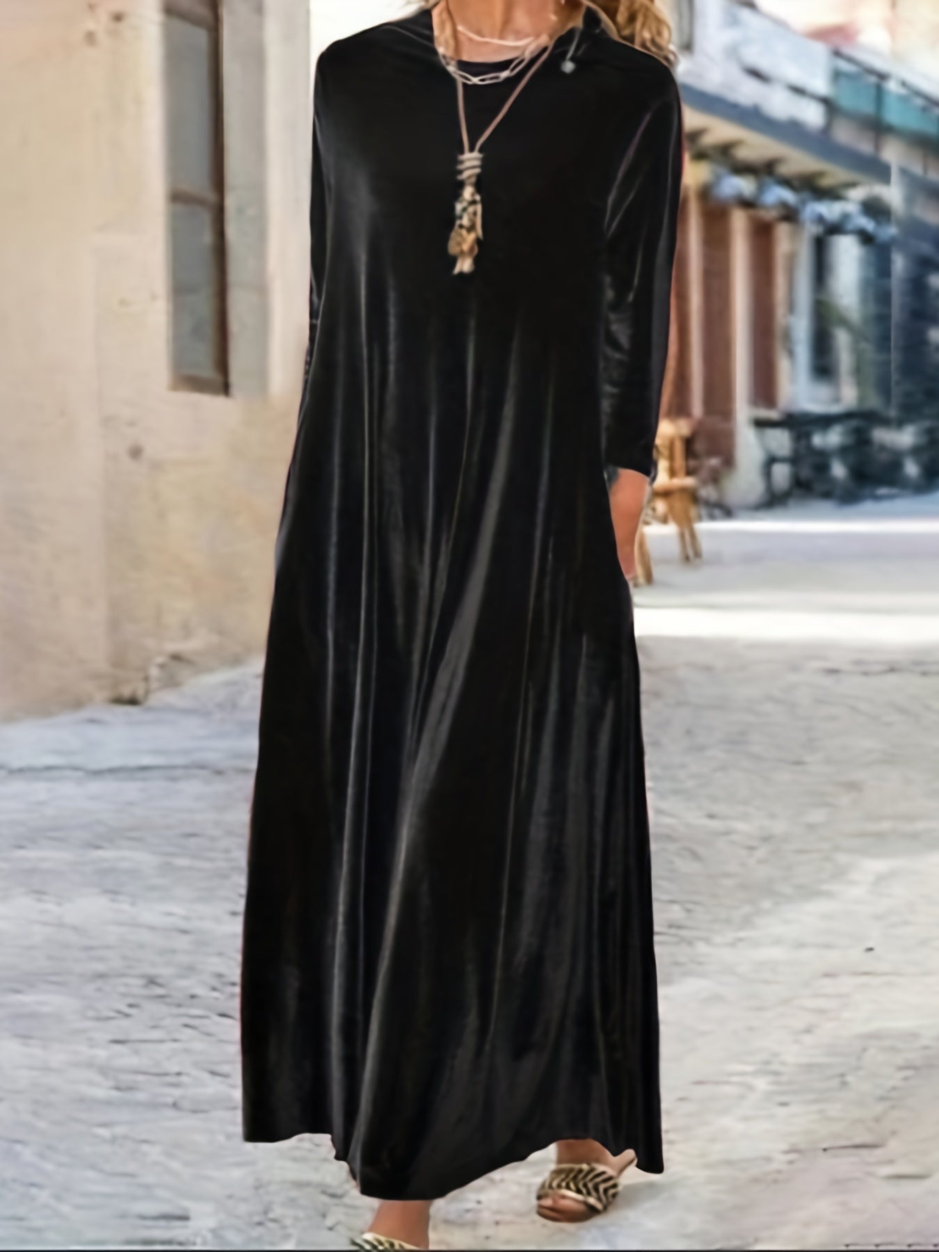 Plus Size Elegant Velvet Dress - Women's Long Sleeve Round Neck Loose Maxi Dresses for Special Occasions