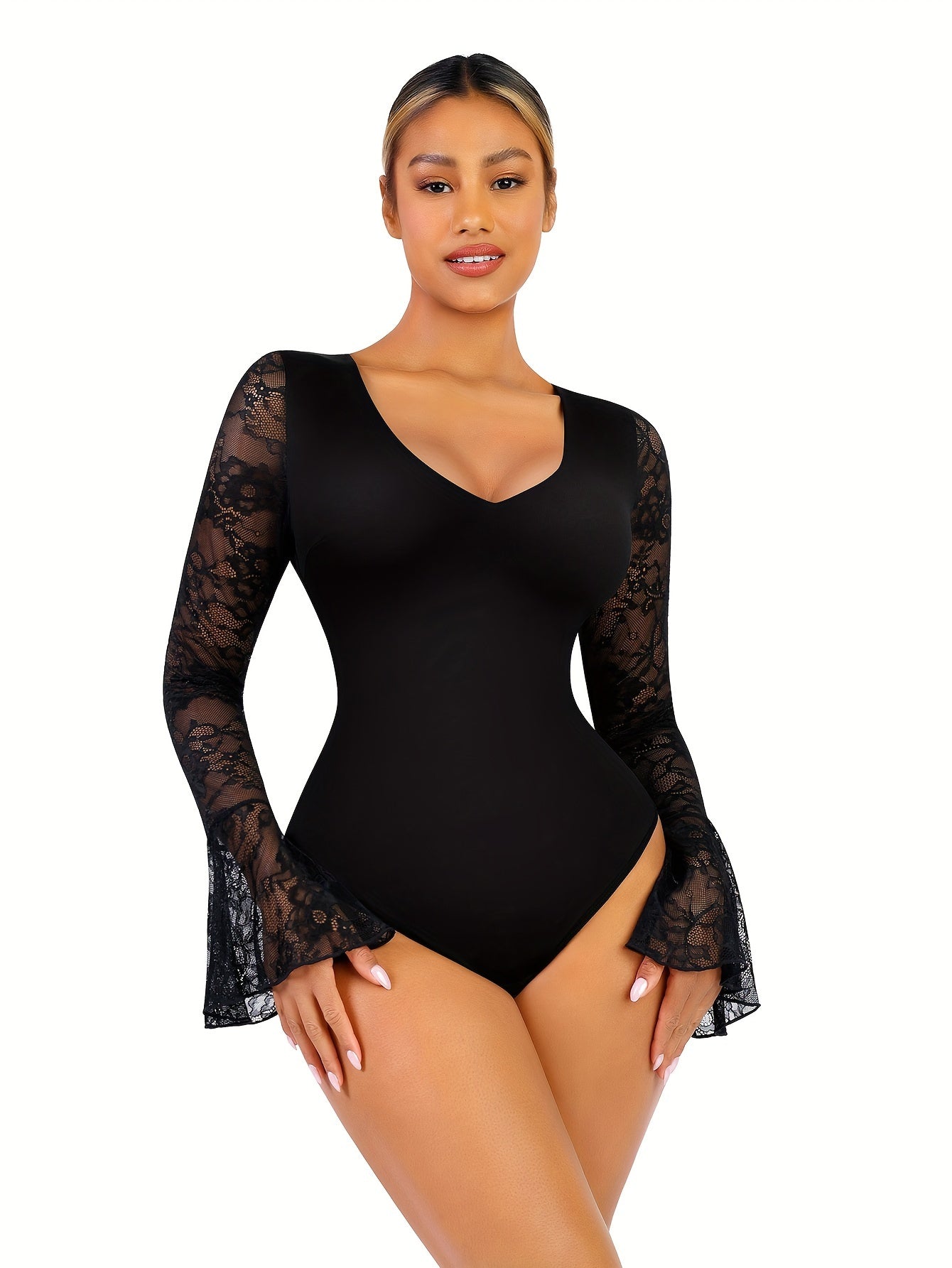 1pc Chic Women's Deep V Neck Bodysuit - Long Sleeve Tummy Control Shaper with Transparent Lace Thong Detail - Body Sculpting, Comfortable, and Versatile Bodysuits for Women - Lena & Miles Exquisite Boutique LLC.