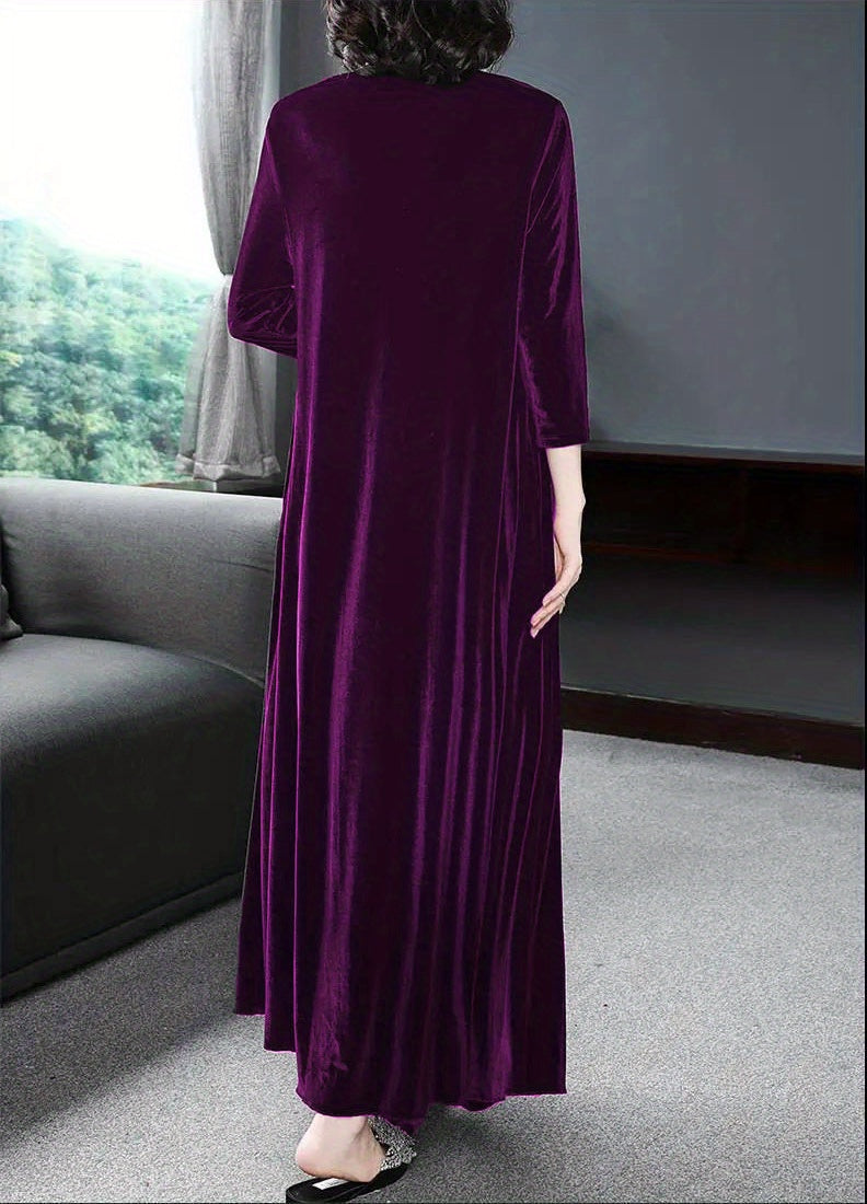 Plus Size Elegant Velvet Dress - Women's Long Sleeve Round Neck Loose Maxi Dresses for Special Occasions