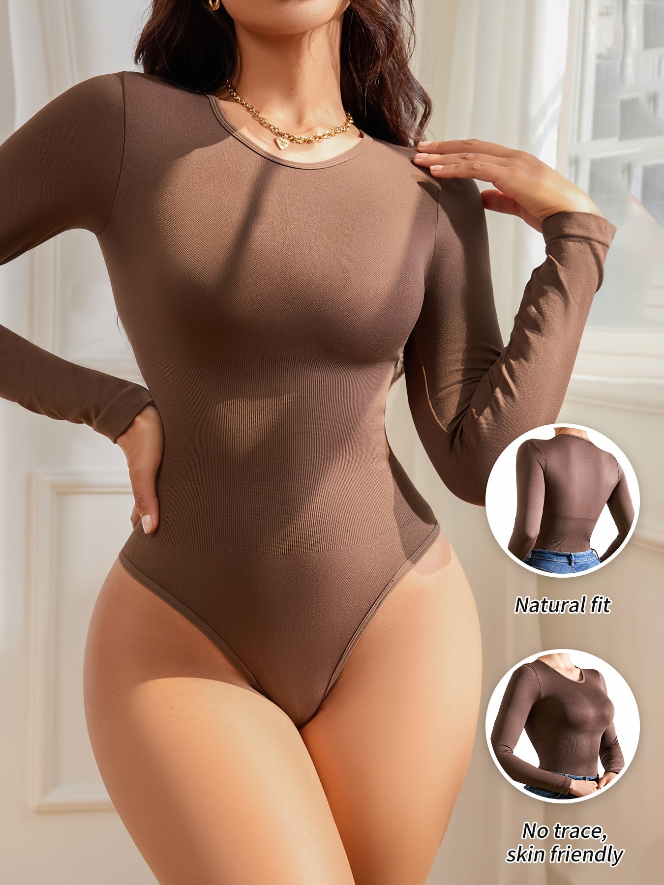 SHARICCA 2pcs Women Slimming Bodysuits Shapewear, Control Tummy Lift Butt Shaper, Seamless Long Sleeve Round Neck Body Suit Set For Women - Lena & Miles Exquisite Boutique LLC.
