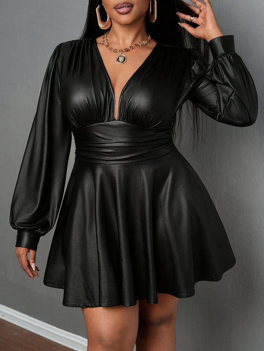 Plus Size - Plus Size Women'S Elegant V-Neck Lantern Sleeve A-Line Skirt - Stretchy Fitted Party Dress with Belt, Long Sleeves & Deep Side Pockets for Casual to Formal Events, Versatile Fashion, Sophisticated Style, Smooth Te