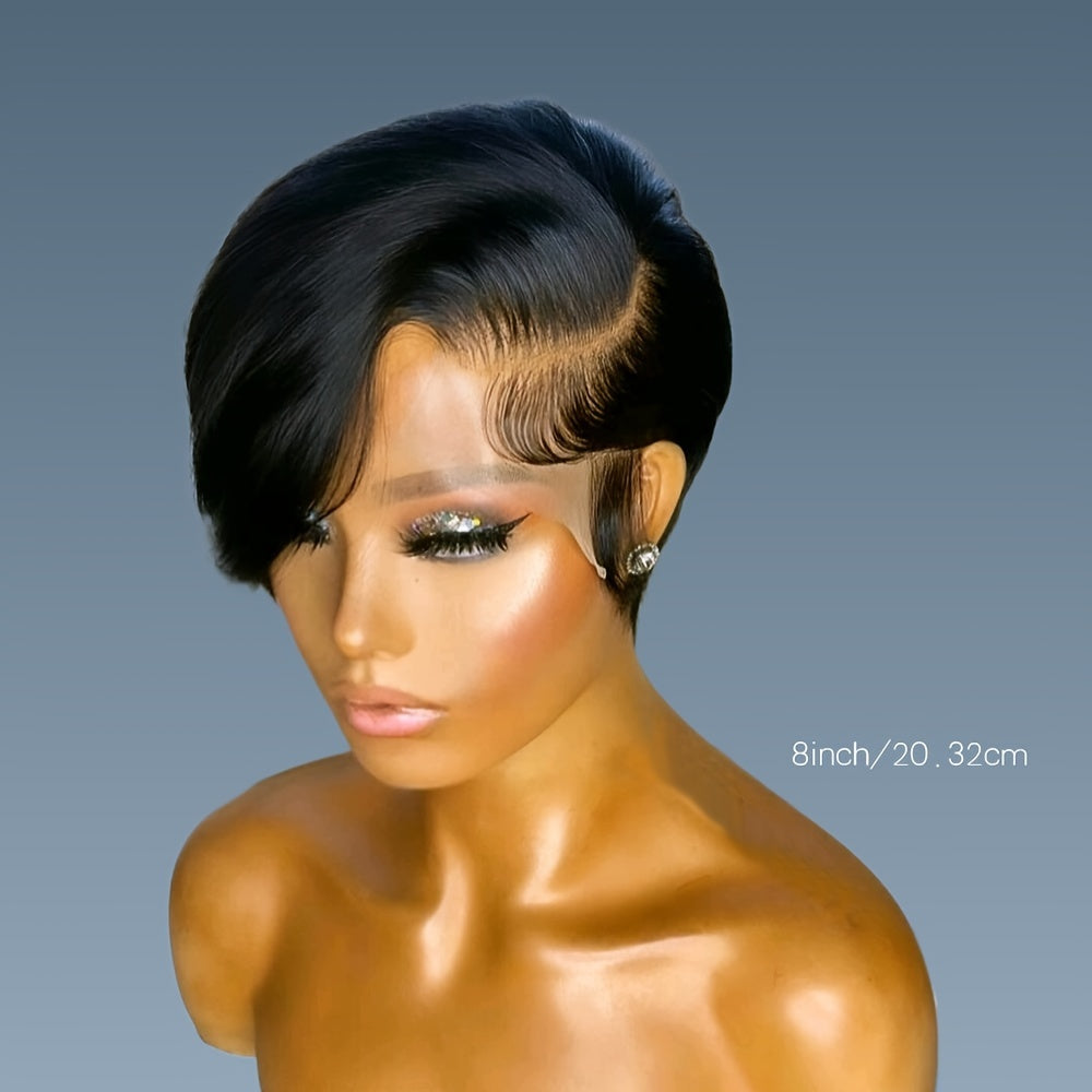 13x6x1 T Part Lace Frontal Wig Pixie Cut Wig Human Hair Wigs For Women 8 Inch 180% Density Glueless Bob Wigs Short Layered Pixie Cut Straight Human Hair Wigs Natural Black Color Short Pixie Wigs With Bangs Side Part Pixie Wig - Lena & Miles Exquisite Boutique LLC.