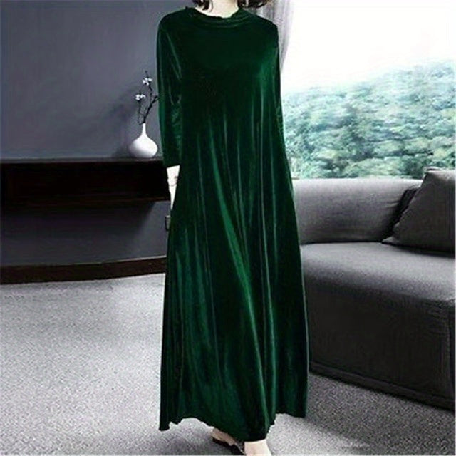 Plus Size Elegant Velvet Dress - Women's Long Sleeve Round Neck Loose Maxi Dresses for Special Occasions
