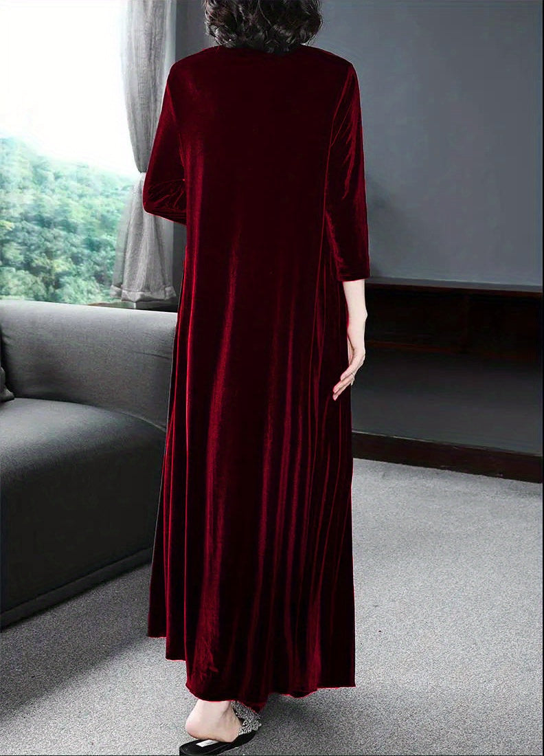 Plus Size Elegant Velvet Dress - Women's Long Sleeve Round Neck Loose Maxi Dresses for Special Occasions