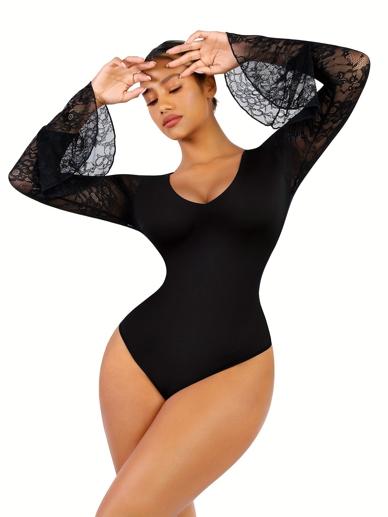 1pc Chic Women's Deep V Neck Bodysuit - Long Sleeve Tummy Control Shaper with Transparent Lace Thong Detail - Body Sculpting, Comfortable, and Versatile Bodysuits for Women - Lena & Miles Exquisite Boutique LLC.