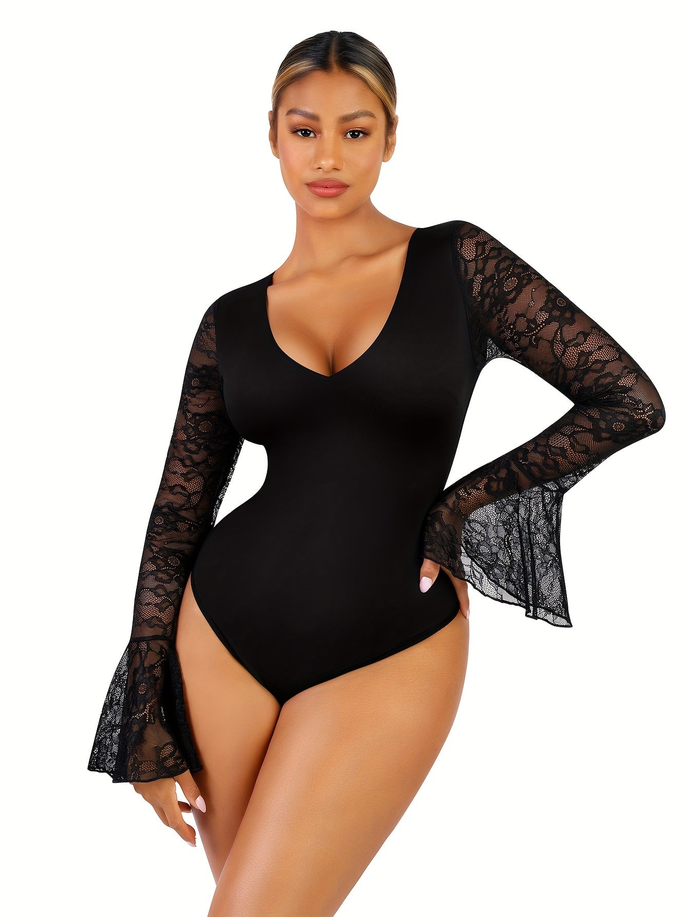 1pc Chic Women's Deep V Neck Bodysuit - Long Sleeve Tummy Control Shaper with Transparent Lace Thong Detail - Body Sculpting, Comfortable, and Versatile Bodysuits for Women - Lena & Miles Exquisite Boutique LLC.