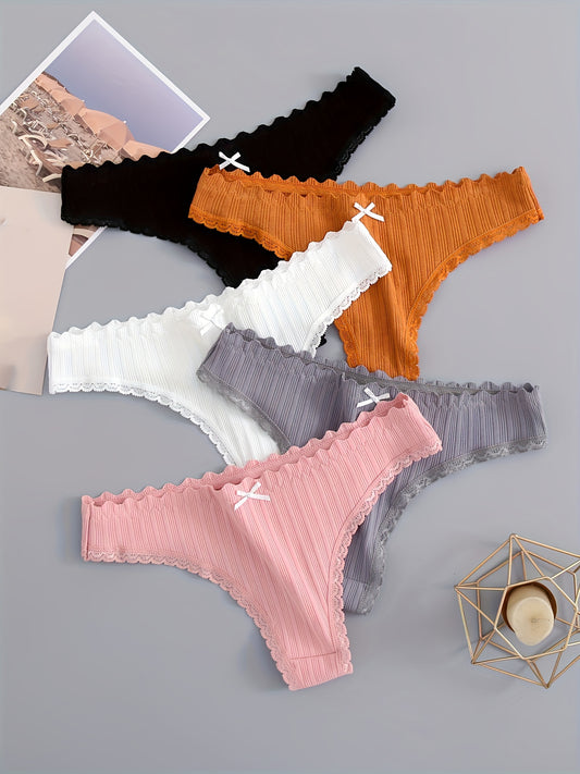 5pcs Romantic Floral Lace Thong Panties - Sultry
