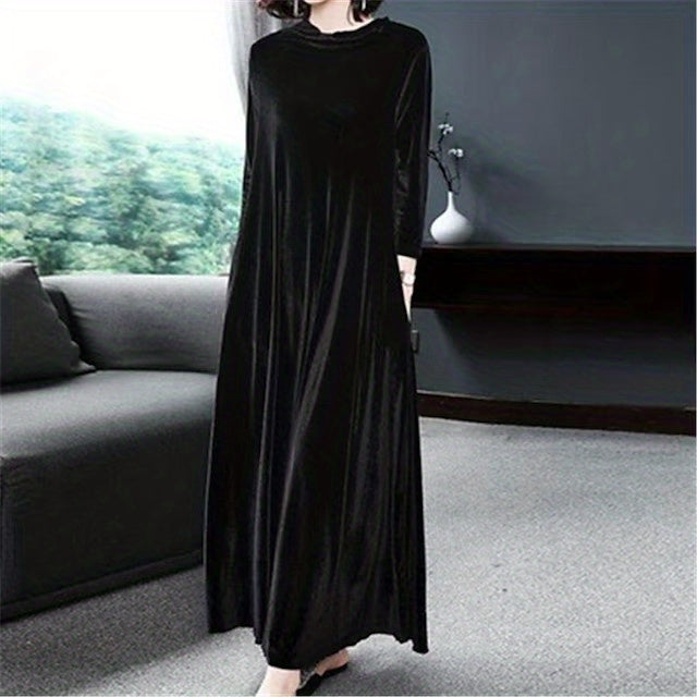 Plus Size Elegant Velvet Dress - Women's Long Sleeve Round Neck Loose Maxi Dresses for Special Occasions