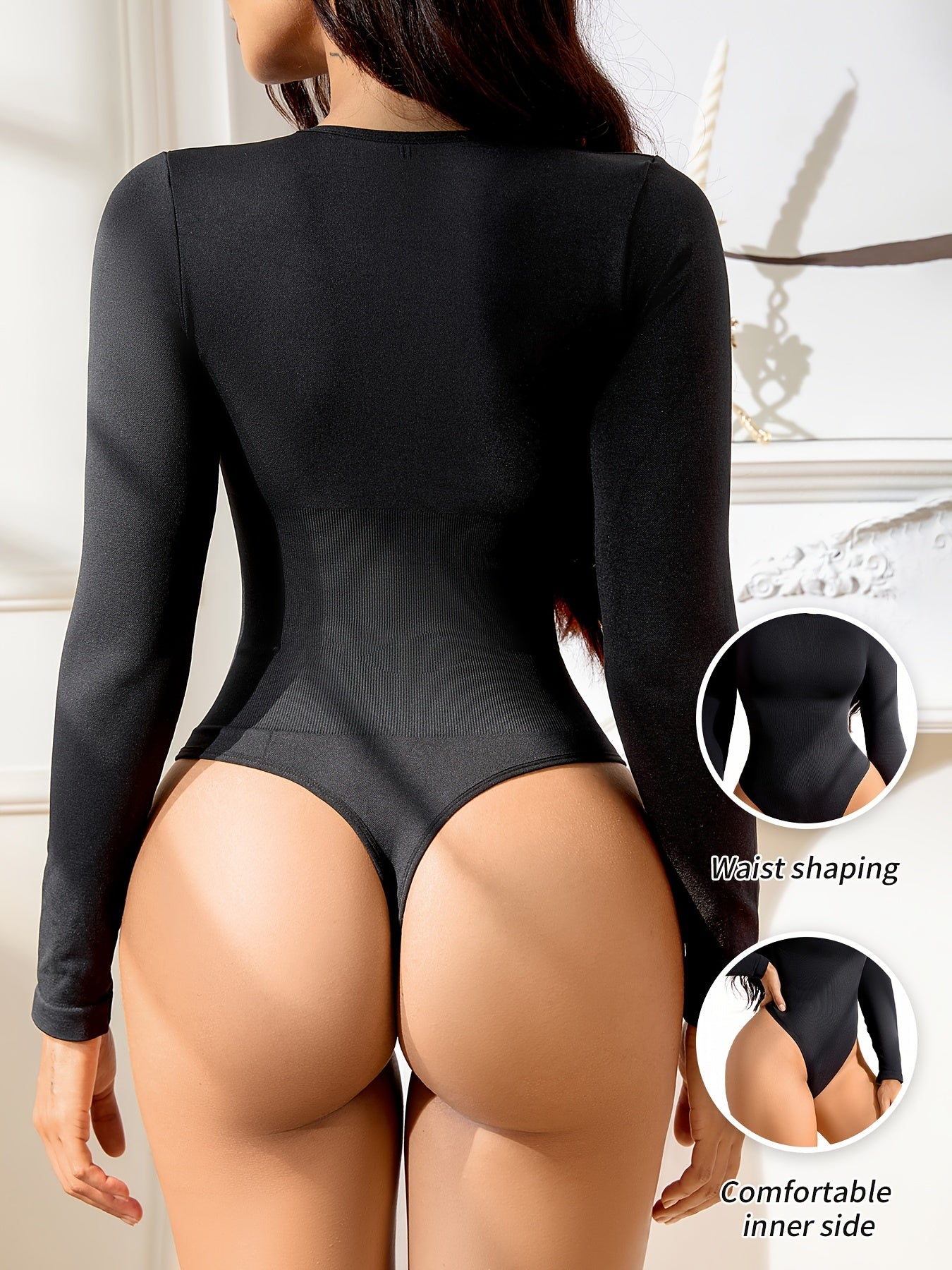 SHARICCA 2pcs Women Slimming Bodysuits Shapewear, Control Tummy Lift Butt Shaper, Seamless Long Sleeve Round Neck Body Suit Set For Women - Lena & Miles Exquisite Boutique LLC.