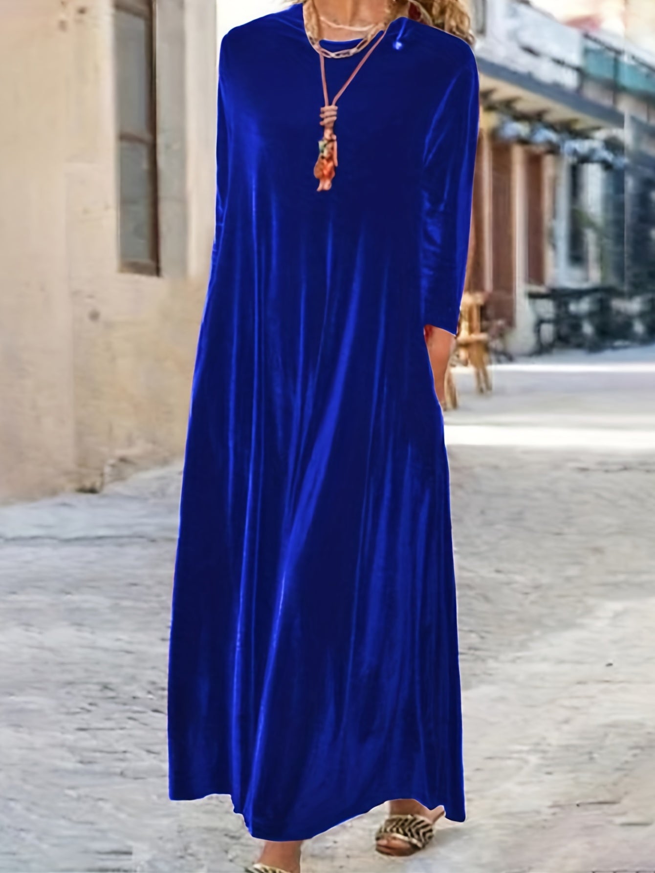 Plus Size Elegant Velvet Dress - Women's Long Sleeve Round Neck Loose Maxi Dresses for Special Occasions