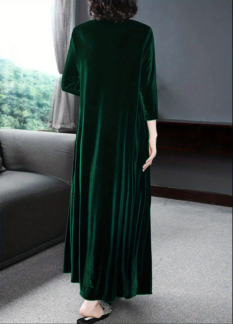 Plus Size Elegant Velvet Dress - Women's Long Sleeve Round Neck Loose Maxi Dresses for Special Occasions
