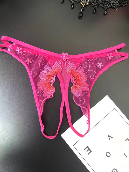 Delicate Floral Embroidered Mesh Thong Lingerie - Seductive Open Crotch & Ultra-Sheer Design - Breathable Womens Intimate Wear for Special Occasions