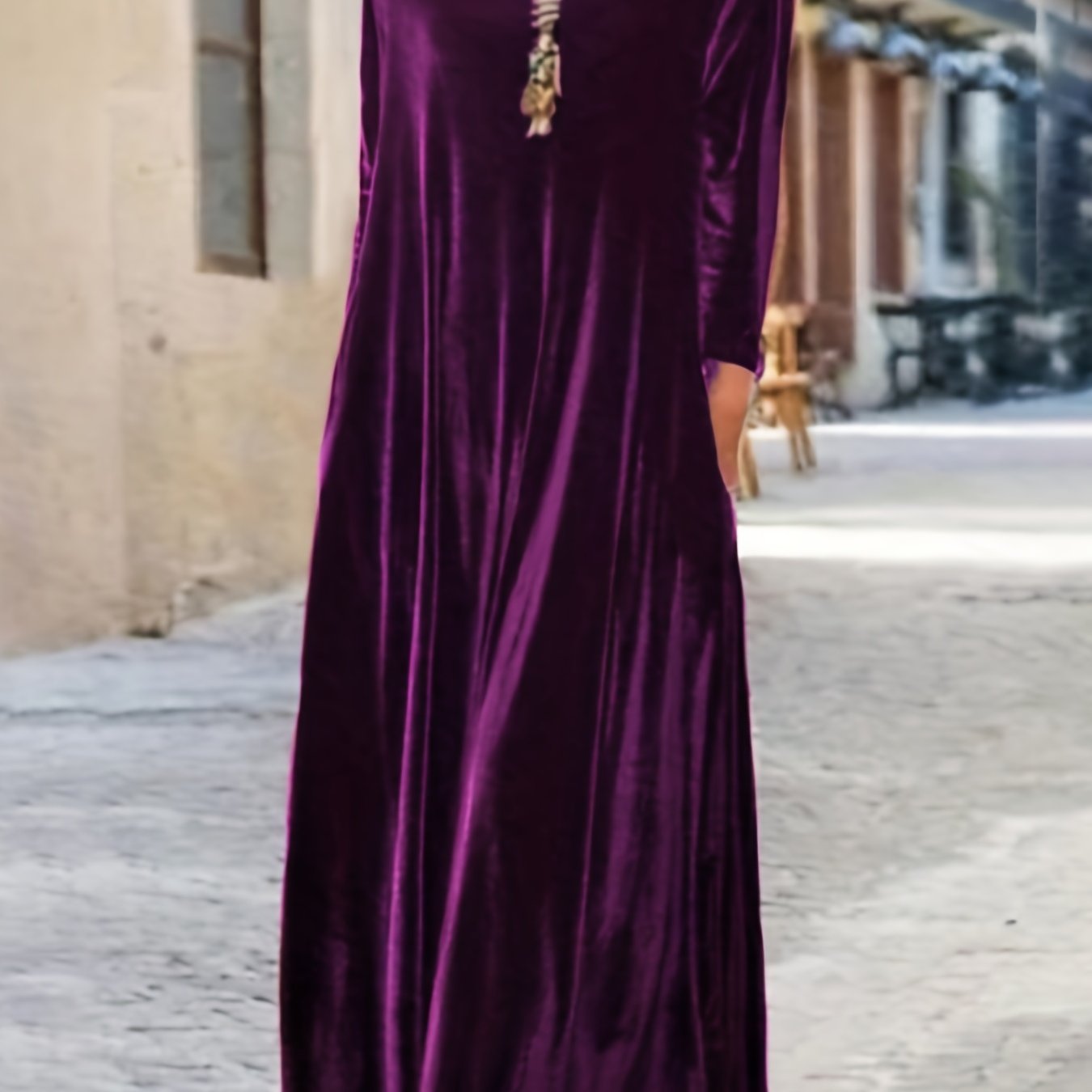 Plus Size Elegant Velvet Dress - Women's Long Sleeve Round Neck Loose Maxi Dresses for Special Occasions
