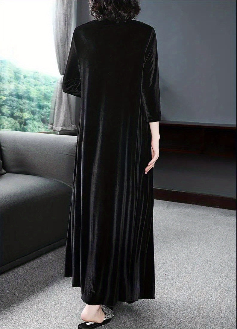 Plus Size Elegant Velvet Dress - Women's Long Sleeve Round Neck Loose Maxi Dresses for Special Occasions