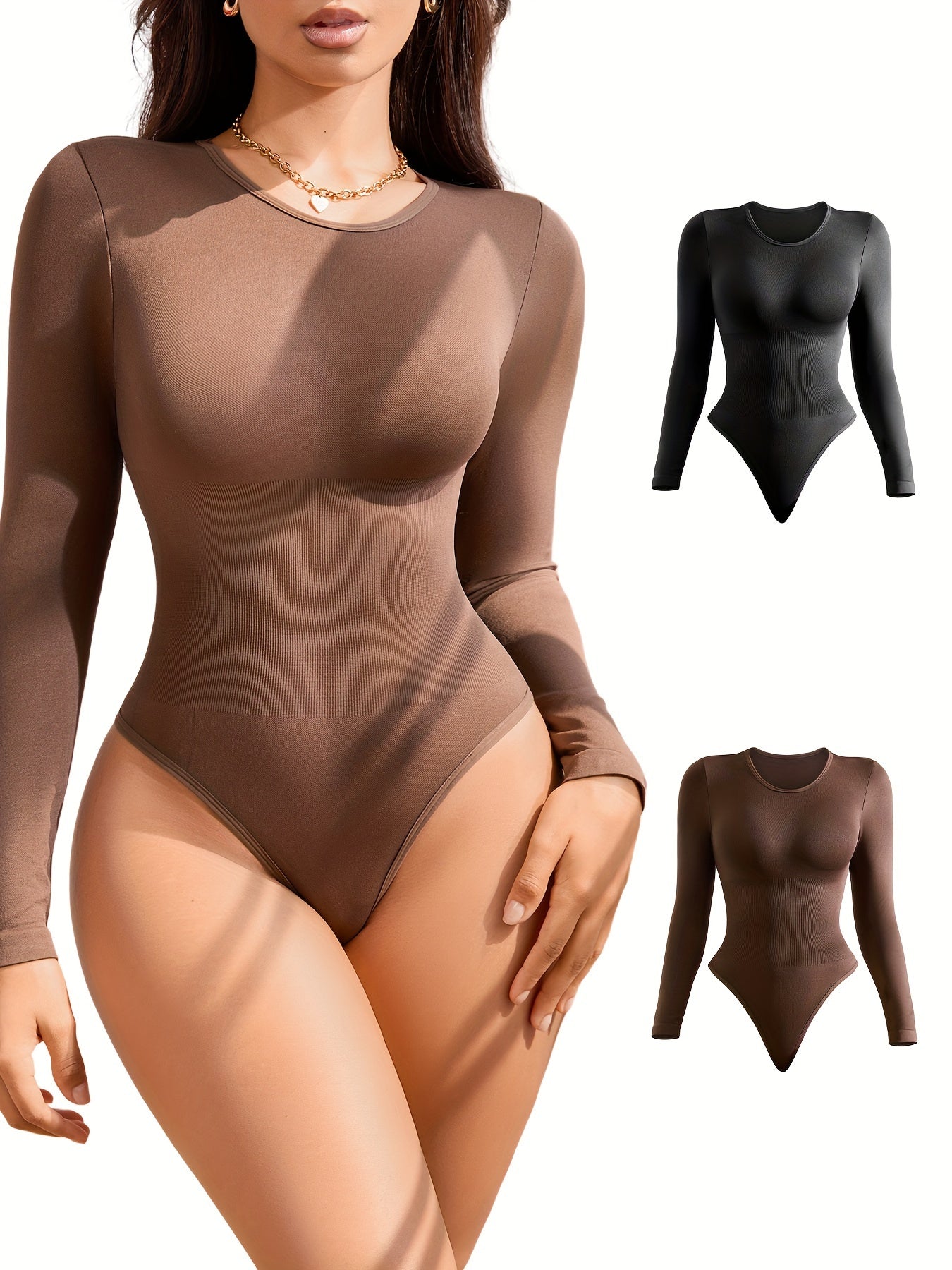 SHARICCA 2pcs Women Slimming Bodysuits Shapewear, Control Tummy Lift Butt Shaper, Seamless Long Sleeve Round Neck Body Suit Set For Women - Lena & Miles Exquisite Boutique LLC.