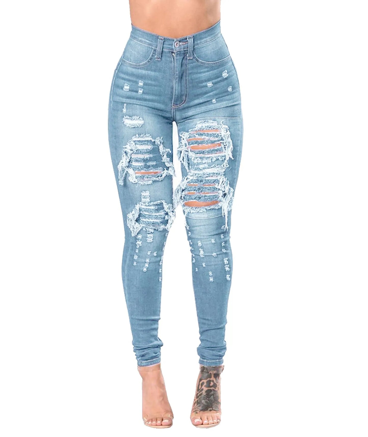 High Waist Ripped Jeans Skinny Denim Pencil Pants Casual Slim Trousers