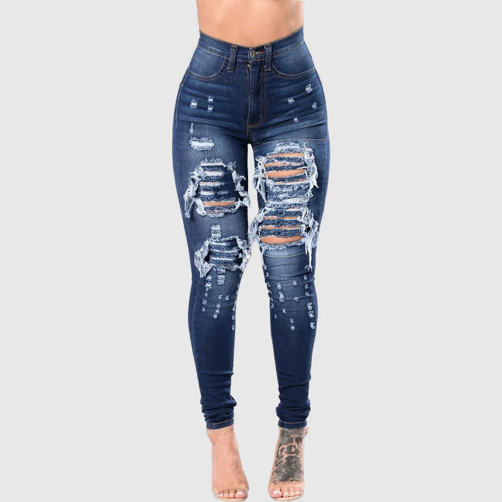 High Waist Ripped Jeans Skinny Denim Pencil Pants Casual Slim Trousers