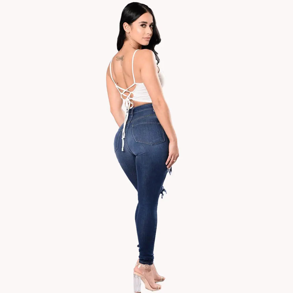 High Waist Ripped Jeans Skinny Denim Pencil Pants Casual Slim Trousers