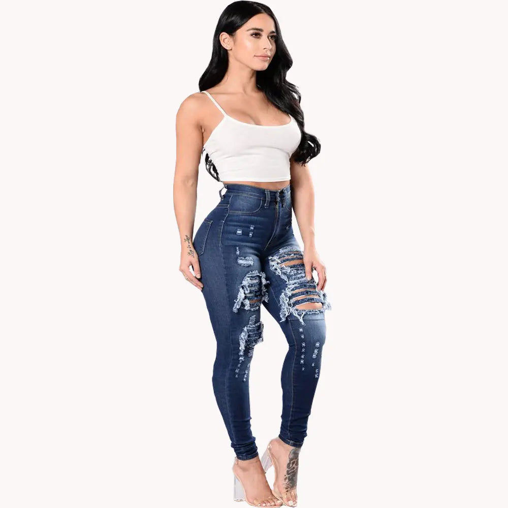High Waist Ripped Jeans Skinny Denim Pencil Pants Casual Slim Trousers