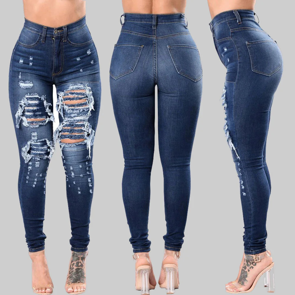 High Waist Ripped Jeans Skinny Denim Pencil Pants Casual Slim Trousers