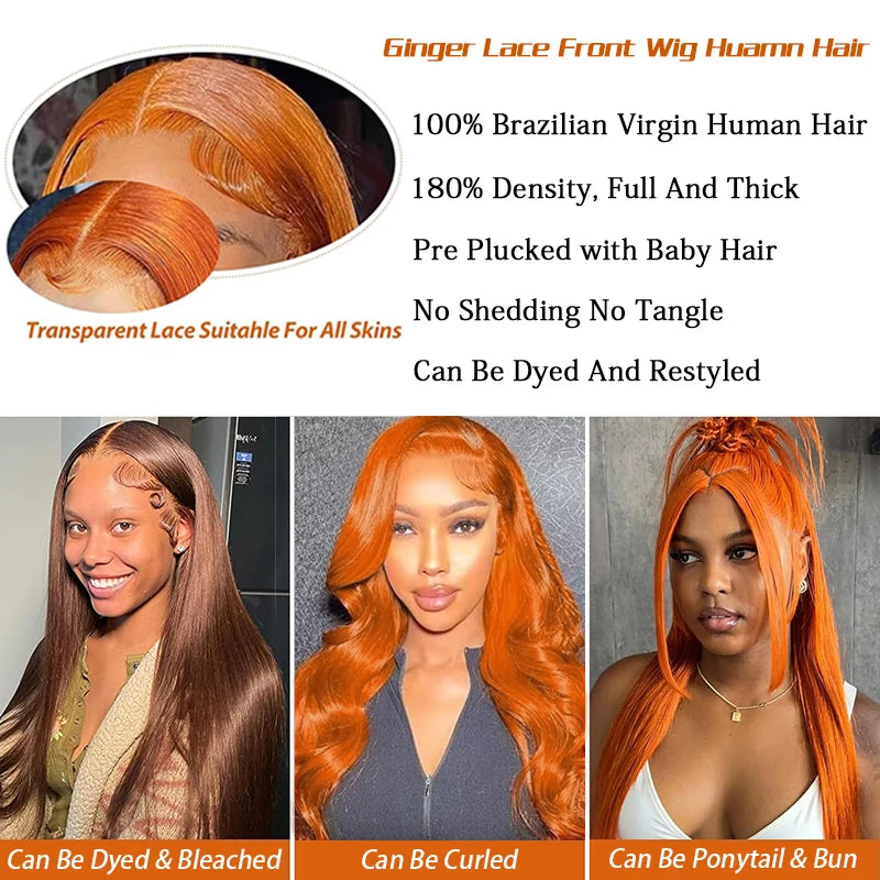 13x6 Orange Ginger Bone Straight Lace Front Wigs Human Hair 38 Inch Transparent 13x4 Lace Frontal Wig Pre Plucked For Women