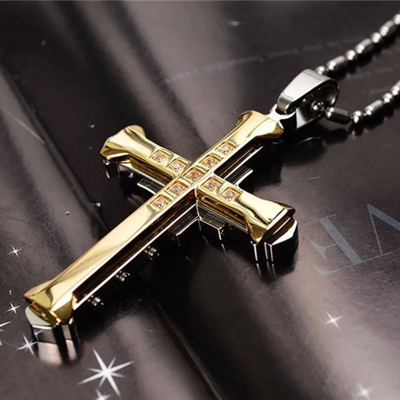 SUMENG 2025 New Male Crystal Cross Jesus Pendant Gold/Black/Blue Color Zirconia Necklace Stainless Steel Jewelry