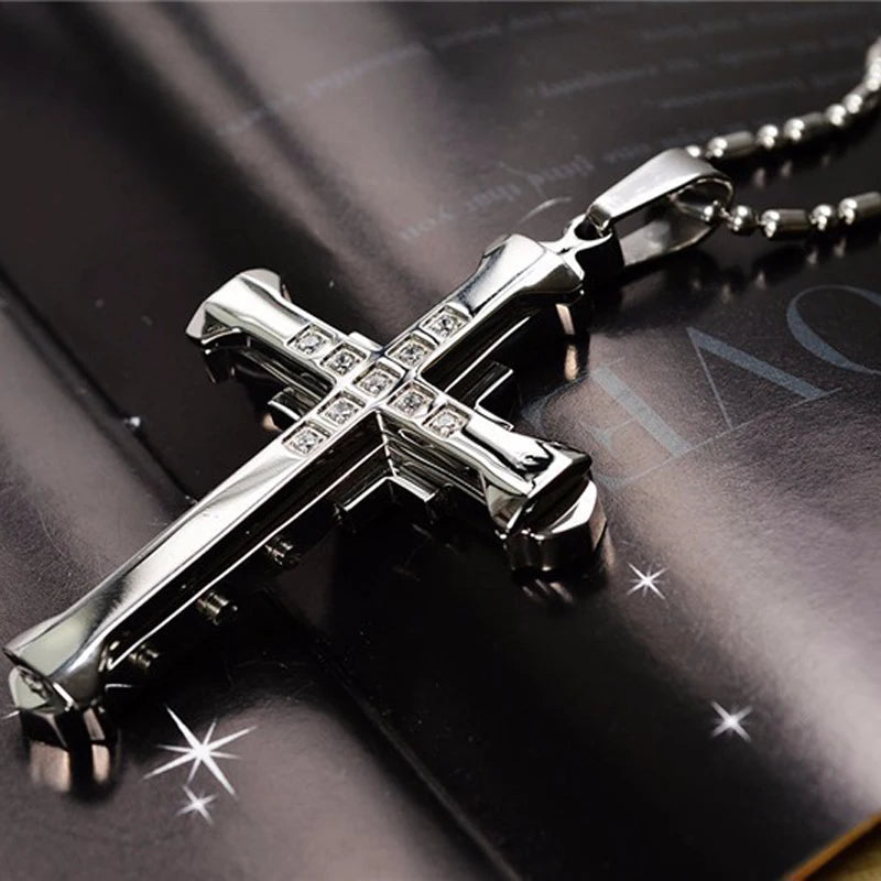 SUMENG 2025 New Male Crystal Cross Jesus Pendant Gold/Black/Blue Color Zirconia Necklace Stainless Steel Jewelry