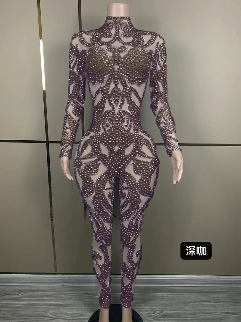Body Shaping Slim and Sexy Show Jumpsuit Rhinestone Mesh Jumpsuit