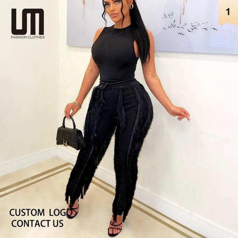 Liu Ming Hot Selling Women Sleeveless 2 Piece Outfits Casual Vest Tassel Fringe Drawstring Trousers Set