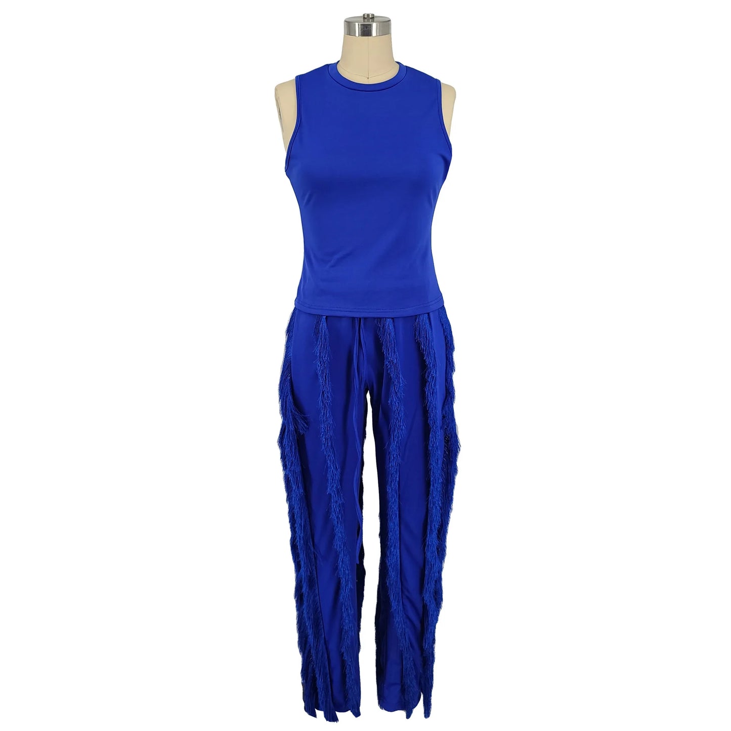Liu Ming Hot Selling Women Sleeveless 2 Piece Outfits Casual Vest Tassel Fringe Drawstring Trousers Set