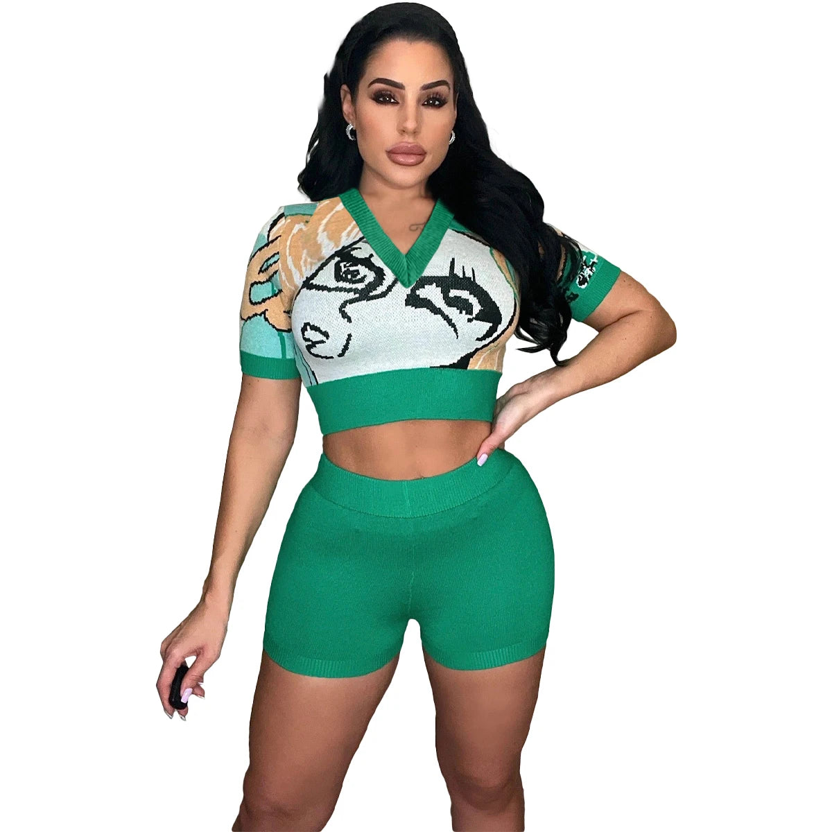 Women Clothing 2023 Summer Print V Neck Sportswear Short Set